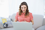 Content pregnant woman using her notebook sitting on couch in the living room