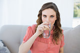 Gorgeous pregnant woman drinking glass of water sitting in living room
