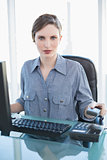 Pretty businesswoman sitting at her desk replacing the receiver