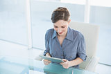 Beautiful businesswoman sitting at her desk using her tablet