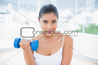 Smiling toned brunette working out with dumbbells