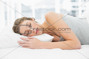Gorgeous napping woman lying in her bed under the cover