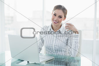 Attractive young businesswoman working with her notebook smiling at camera