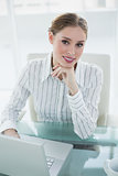 Beautiful smiling businesswoman sitting at her desk using her notebook