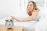 Pretty yawning blonde lying in bed reaching for alarm clock