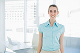 Attractive businesswoman wearing blue blouse posing in her office