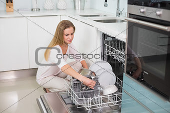 Happy gorgeous model kneeling behind dish washer