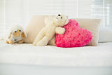 Stuffed animals and a heart pillow lying on couch