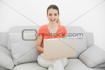 Cute casual woman using her notebook sitting on couch