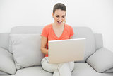 Gorgeous cheering woman working with her notebook sitting on couch