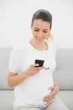 Gorgeous pregnant woman messaging with her smartphone while holding her belly