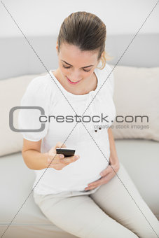 Casual pregnant woman using her smartphone touching her belly