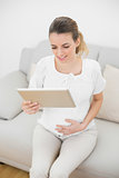 Brunette pregnant woman using her tablet sitting on couch