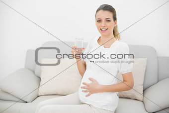Peaceful pregnant woman holding a glass of water touching her belly