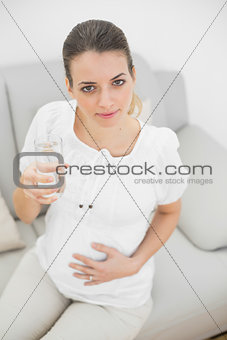 Cute pregnant woman holding a glass of water looking seriously at camera