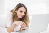 Attractive woman making smiling use of her notebook