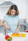Peaceful brunette woman cutting vegetables standing in her kitchen
