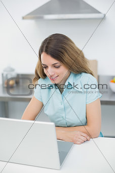 Young lovely woman using her notebook standing in her kitchen