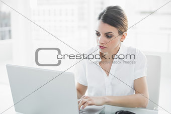 Concentrated businesswoman working on her notebook