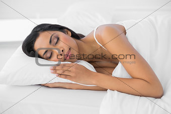 Beautiful sleeping woman lying under the cover on her bed