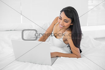 Pretty dark haired woman using her notebook lying on bed