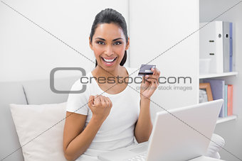 Beautiful successful woman home shopping with her notebook