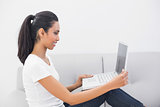 Softly smiling woman working on her notebook sitting on couch