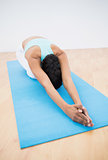 Slender dark-haired woman stretching on blue exercise mat