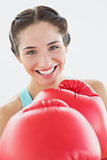 Close up of a beautiful smiling woman in red boxing gloves