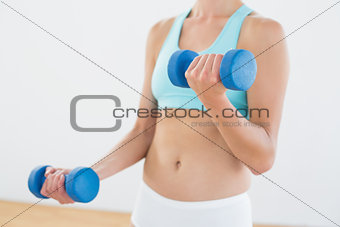 Mid section of a woman with dumbbells at fitness studio