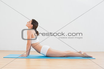 Woman doing the cobra pose on exercise mat