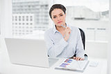 Elegant  businesswoman with graphs and laptop in office