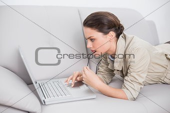 Beautiful woman using laptop on sofa at home
