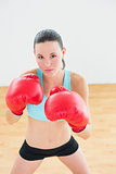 Determined boxer practicing in fitness studio