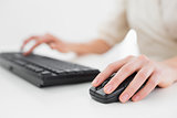 Midsection of a businesswoman using keyboard and mouse