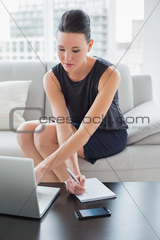 Beautiful businesswoman writing notes while using laptop on sofa