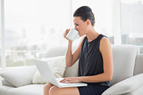Beautiful well dressed woman using laptop while drinking coffee on sofa