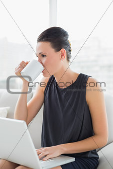 Beautiful well dressed woman using laptop while drinking coffee