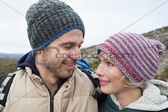 Loving couple on a hike in the countryside