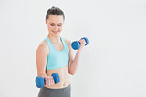 Smiling woman with dumbbells against wall