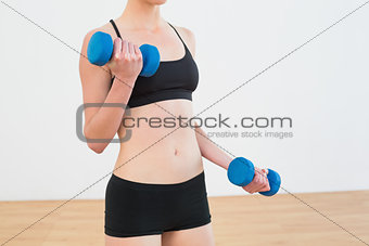 Mid section of a woman exercising with dumbbells