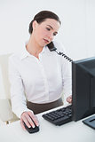 Concentrated businesswoman using computer and telephone in