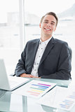 Smiling businessman with laptop sitting at office desk