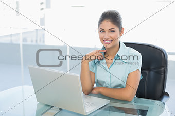 Portrait of elegant businesswoman with laptop office