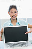 Businesswoman displaying laptop at office
