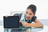 Portrait of smiling businesswoman displaying tablet PC