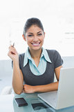 Smiling businesswoman with laptop sitting at office
