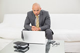 Elegant businessman with laptop and diary sitting at home