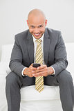 Businessman text messaging on sofa at home