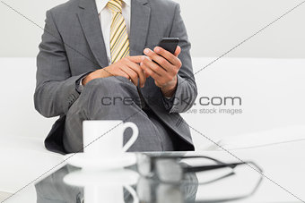 Mid section of an elegant businessman text messaging